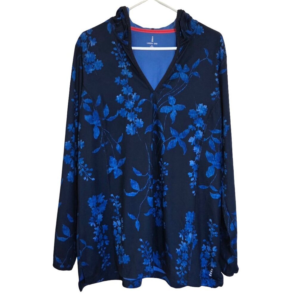 Lands End Hoodie Women 1X Blue Floral Long Sleeve Casual Lightweight V-Neck
